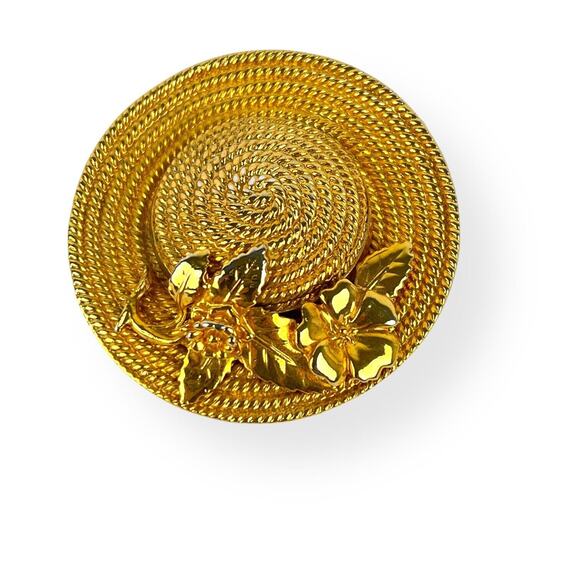 Fashion Brooch Pin Textured Gold Tone Hat Shiny Garden Flowers 2” Unsigned Vtg - Picture 1 of 7